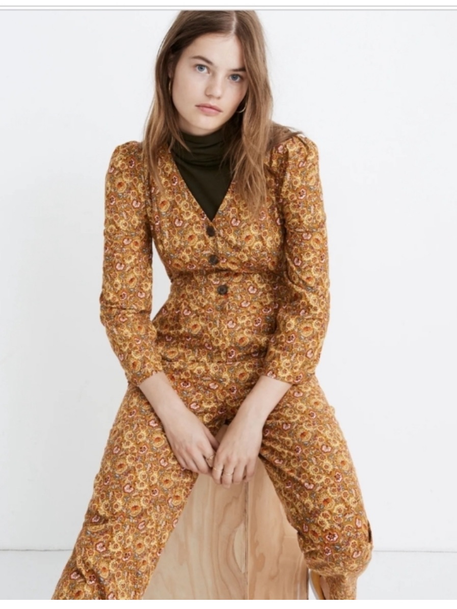 Madewell Floral Wrap Jumpsuit In Mustard And Olive